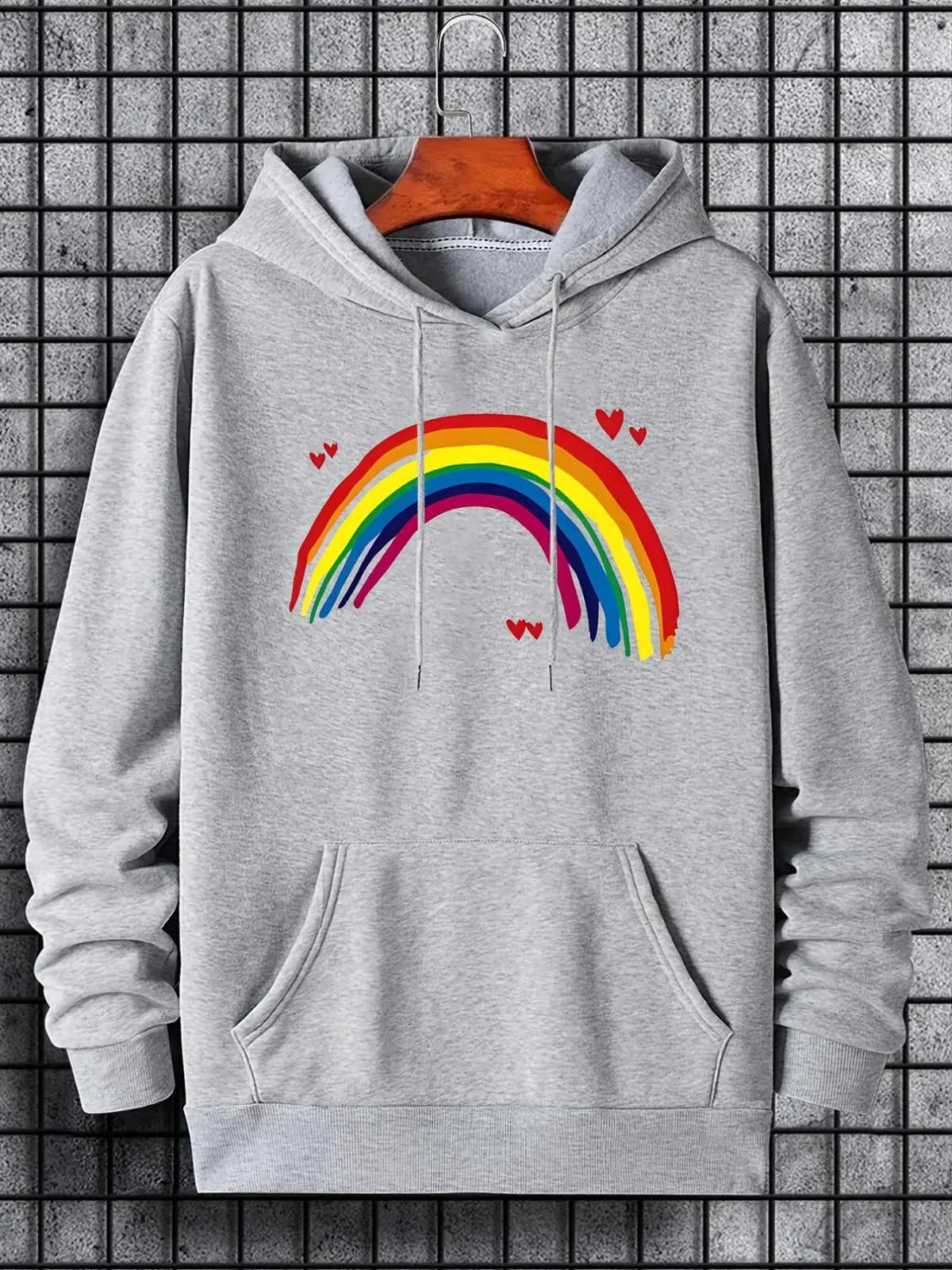 Loose-fitting Men's Men's Hoodies Sweatshirts Hooded Sweatshirt for Autumn and Winter Hand-painted Rainbow Heart Pattern Casual Pullover.