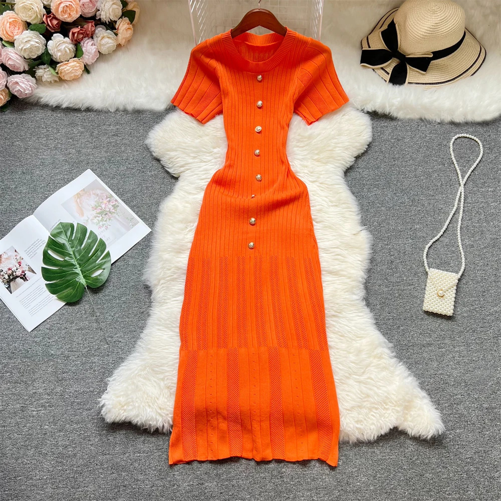 YuooMuoo 2026 Summer Women Knitted Long Dress Fashion Oneck Buttons Bodycon Sweater Elegant Lady Office Vestidos 26921