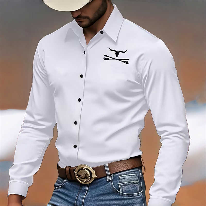 Casual Shirts Men's Long-Sleeved Men's Cowboy Style Shirt with Bull Head Print Slim Fit Turn-Down Collar Retro Casual Versatile Top Sizes