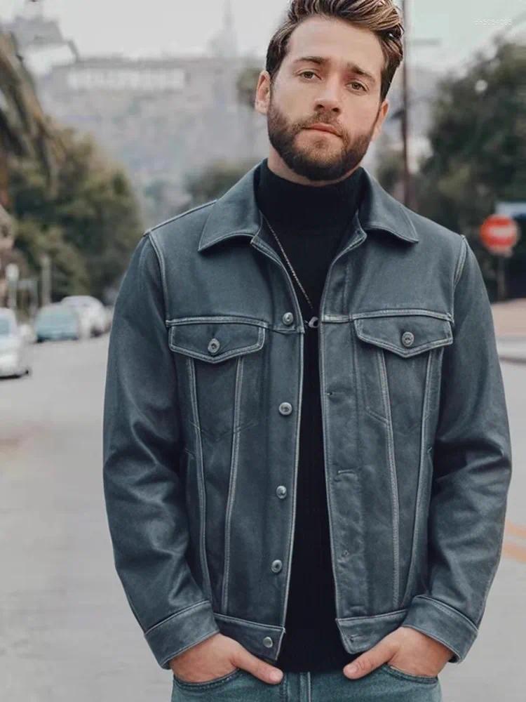 Blue Spring Leather Jacket Men Retro Vintage Style Plus Size 4XL Genuine Natural Cowhide Single Breasted Denim Coat