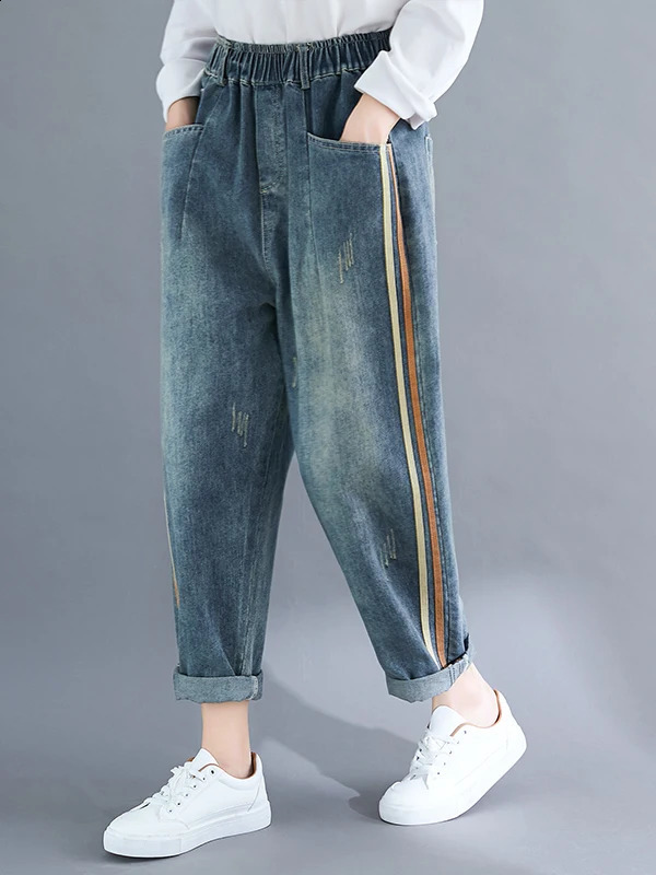 Large Size Artistic Faded Denim Jeans Women's Side Stripe Harlan Long Pants Spring Faion High Waist Regular Thin 260921