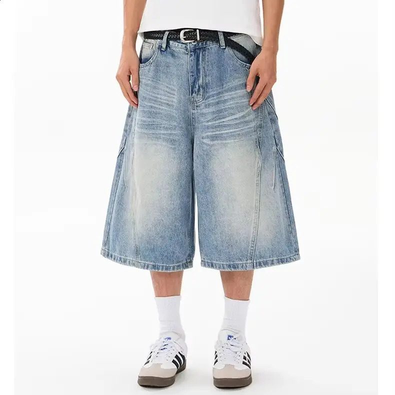 Men Women Vintage Washed Denim Shorts Loose Fit Knee Length Jeans Cat Whisker Print Casual Streetwear Baggy 260916