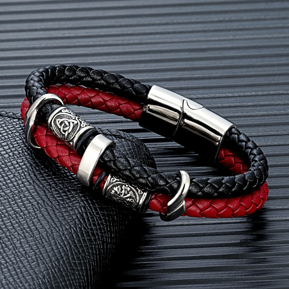 MKENDN Punk Viking Estilo Brújula de acero inoxidable Runas nórdicas Amuleto Cuentas Trenzadas Pulsera de cuero multicapa Homme Pulseras 260920