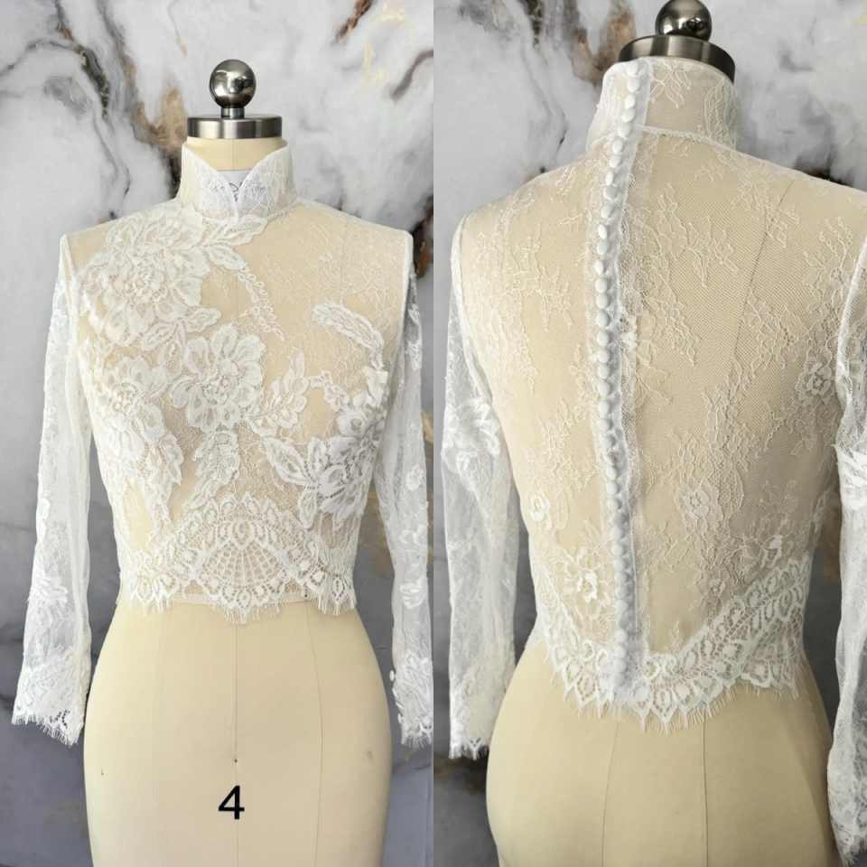 Elegant Bridal Bolero Jacket High Neck Long Sleeve Lace Appliques Buttons Wedding Accessories Wrap Shawl Customized