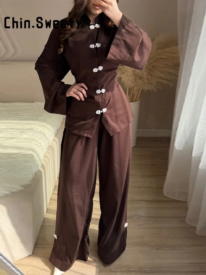 Fashion Women's Linen Frog Buttons Top Pants Sets Stand Collar Waist Cinching Shirt Wide Leg Pant 2026 Autumn Lady Holiday Suits 260918