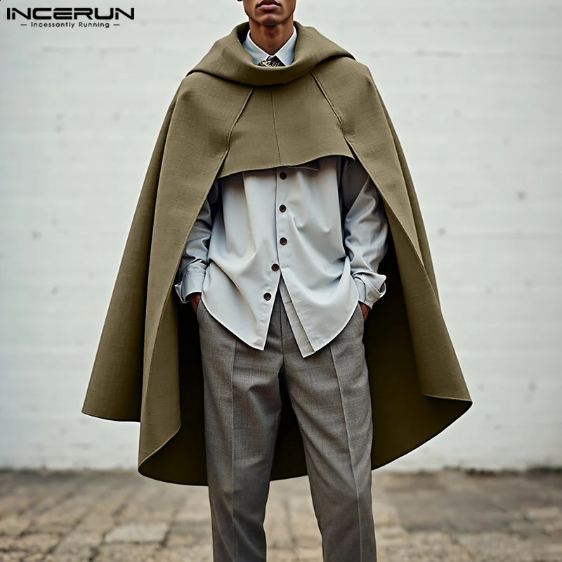 INCERUN Men Cloak Cape Solid Color Loose Casual Male Irregular Trench Streetwear Fashion Coats Long Style Ponchos Men 260918