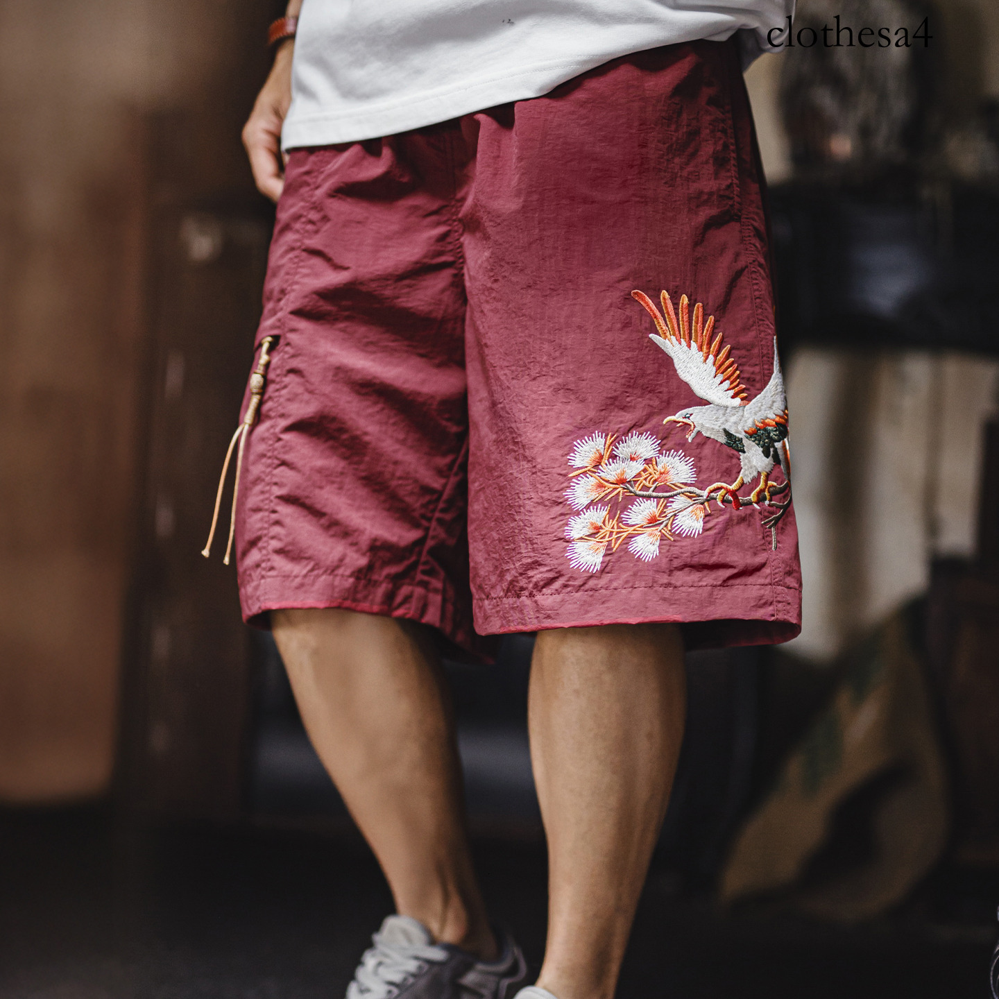 Maden Men's Yokosuka Eagle Embroidered Loose Elastic Waist Red Quick Dry Summer Casual Beach Board Man Shorts Genuine