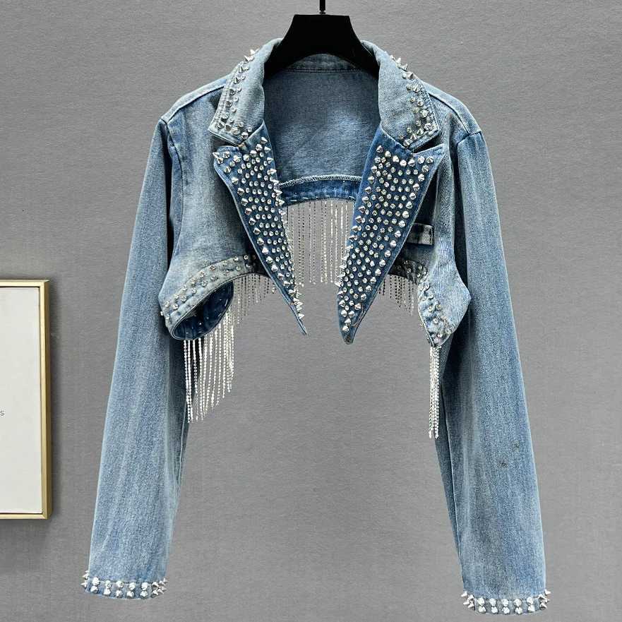 Women's Jackets Rhinestone Beaded Tassels Rivets Denim Jacket Short Crystal Fringed Backless Jeans Coat Diamonds Cowboy Cardigan Sequins Tops C