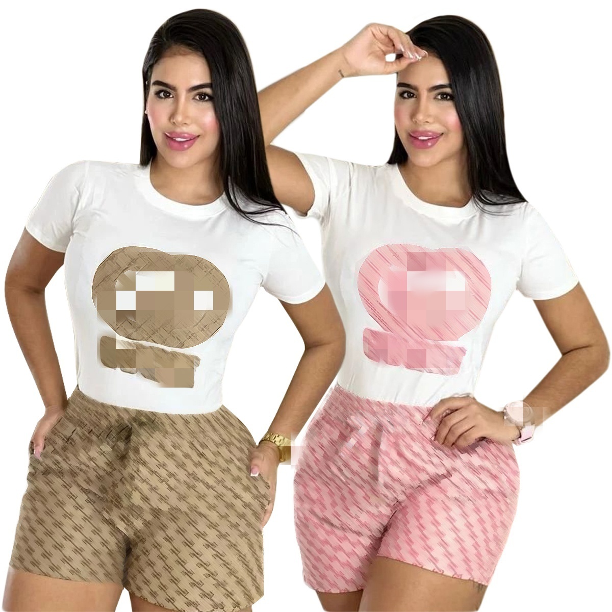 Women 2 Piece Summer Outfit Heart Print Short Sleeve Crew Neck T Shirt High Waist Shorts Casual Tracksuit Loungewear Set