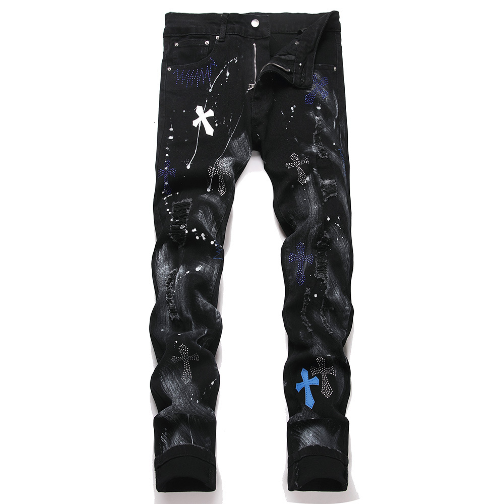 Men's Black Cross Denim Jeans Crystal Rhinestone Ripped Distressed Pants Punk Streetwear Slim Tapered Stretch Trousers 26L0921
