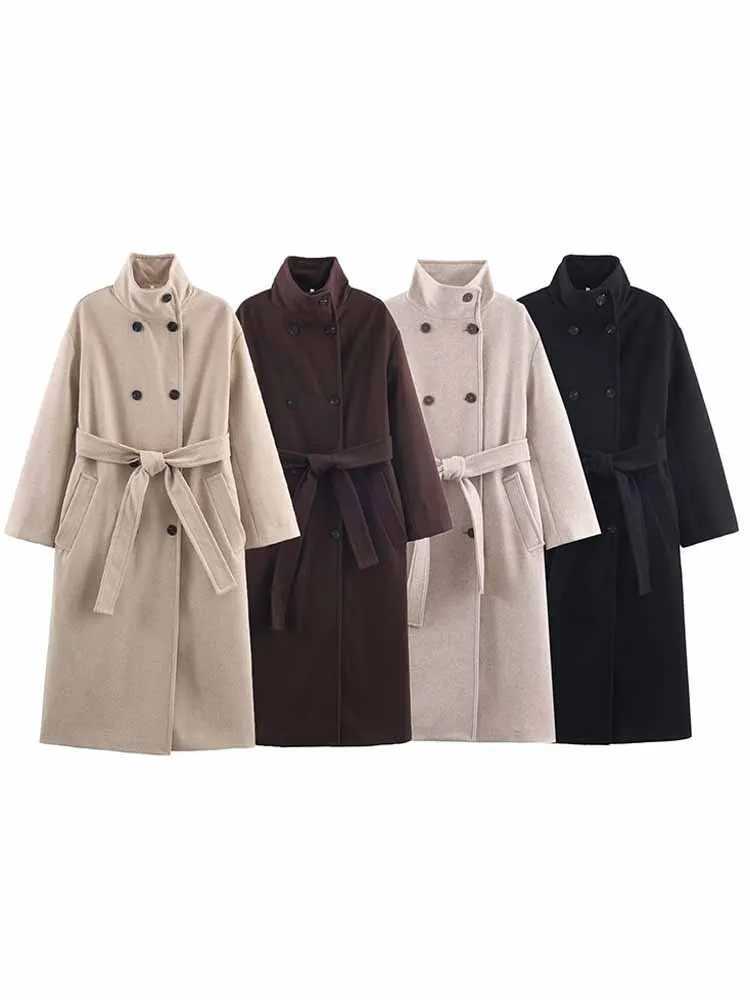 HH Woman Winter Fashion Warm Long Slves High Collar Double Breasted Loose Belt Decoration Long Coat Jacket Female Casual Coat T260829