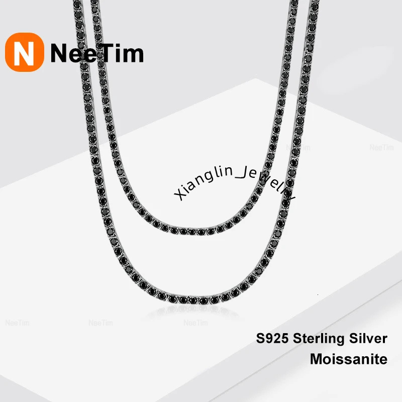 NeeTim 2mm 3mm Black Moissanite Tennis Necklace s925 Sterling Silver with White Gold Plated Neck Chain Necklaces for Women Man