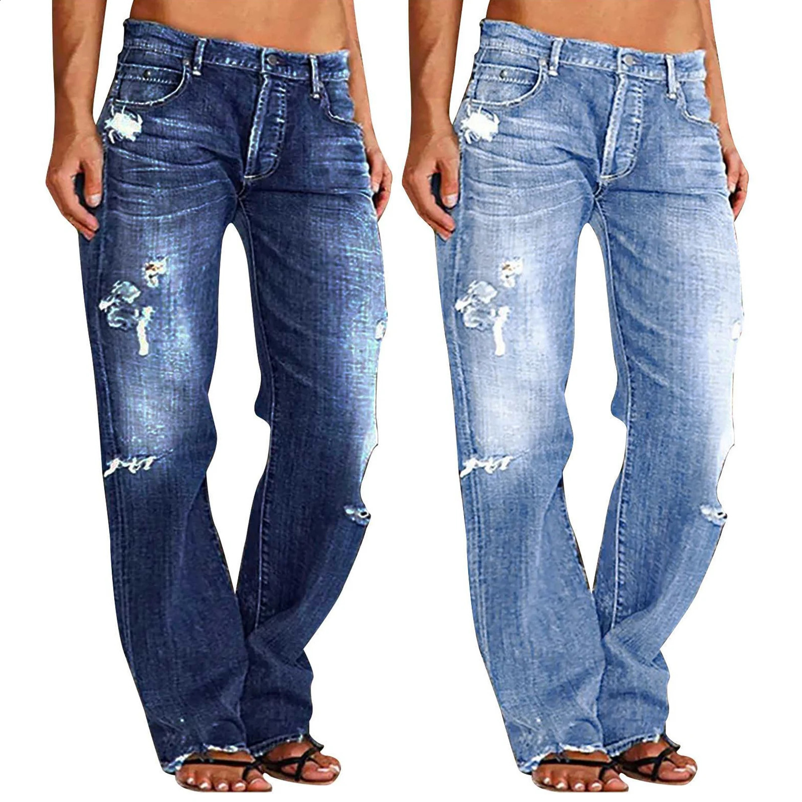 Women Men Denim Pants Casual Ripped Loose Straight Leg Jeans Trousers Trendy Bottoms for Streetwear 260921