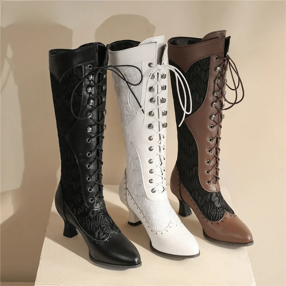 Women Victorian Pointed Toe Mid-Calf Boots Leather Lace Hollow Out Punk Lace Up Strange Steampunk High Heel Shoes Plus Size32-43 260920