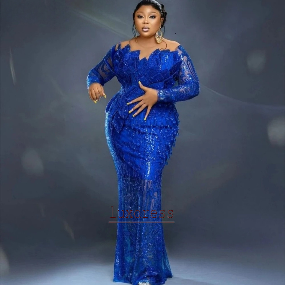 Aso Ebi Royal Blue Mermaid Prom Dresses African Women Plus Size Crystal Beaded 3D Floral Evening Gowns Luxury Robe De Soiree BC23657