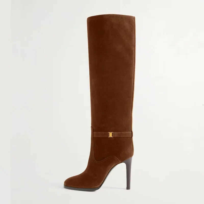 2024 Autumn and Winter Boots Slim High Heels Knee High Women's Boots Fashionable Round Toe Cowhide Suede Oversized Mid Length Boots H260921