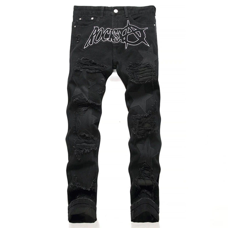 Autumn And Winter Retro Black Ripped Men'S Straight Leg Pentagram Patch Casual Jeans Pants 26L0921