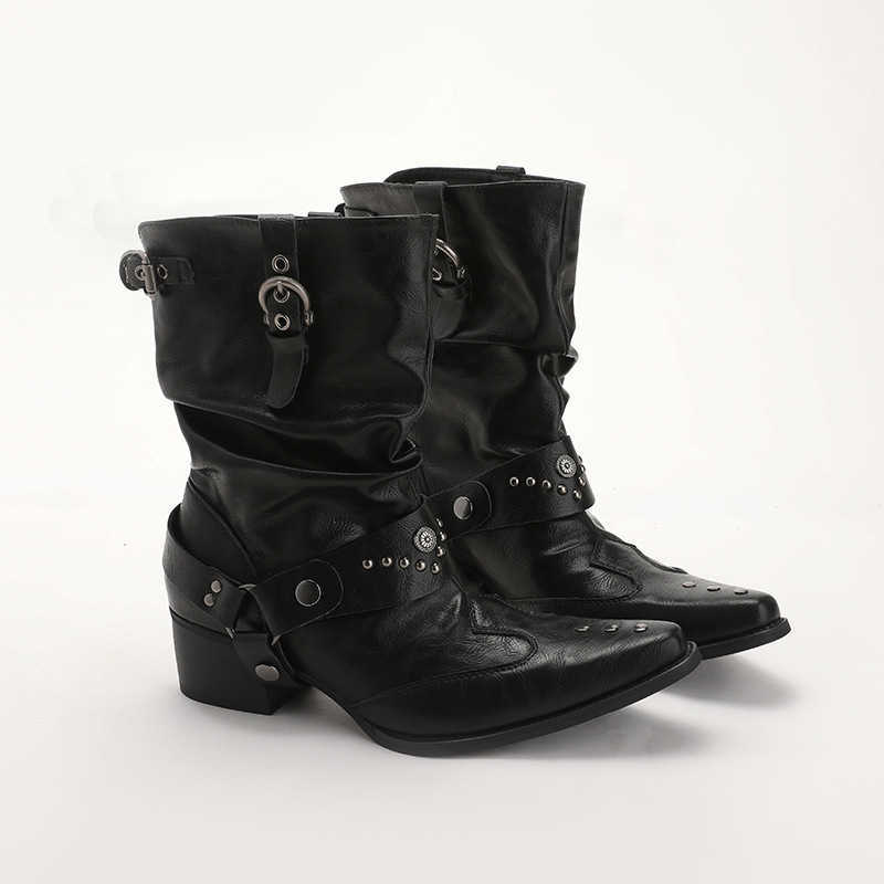 Unique design punk-style Western ankle boots for women featuring a chunky heel black pointed toe and studded detailing perfect for winter and fashio