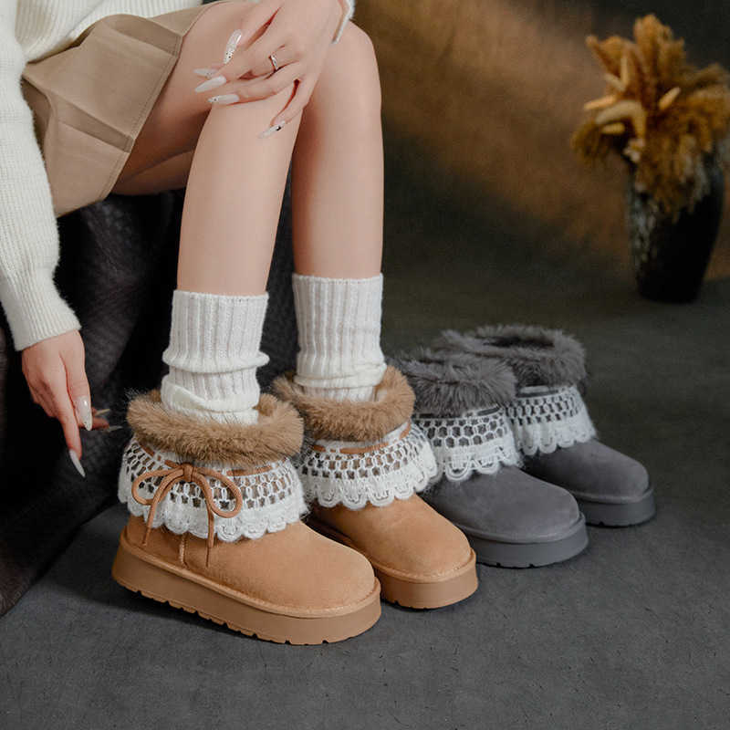2026 winter collection women's short snow boots with hidden heel thick-soled fleece-lined and extra warm in a large gray color L26921