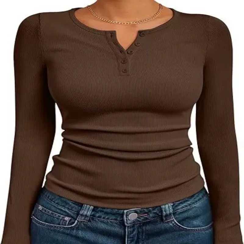 Women's T-Shirt Women Fall Spring Top O Neck Button Long Sleeve Shirts Solid Color Slim Fit Pullover T-shirt Blouse Simple Style Lady Costume Q