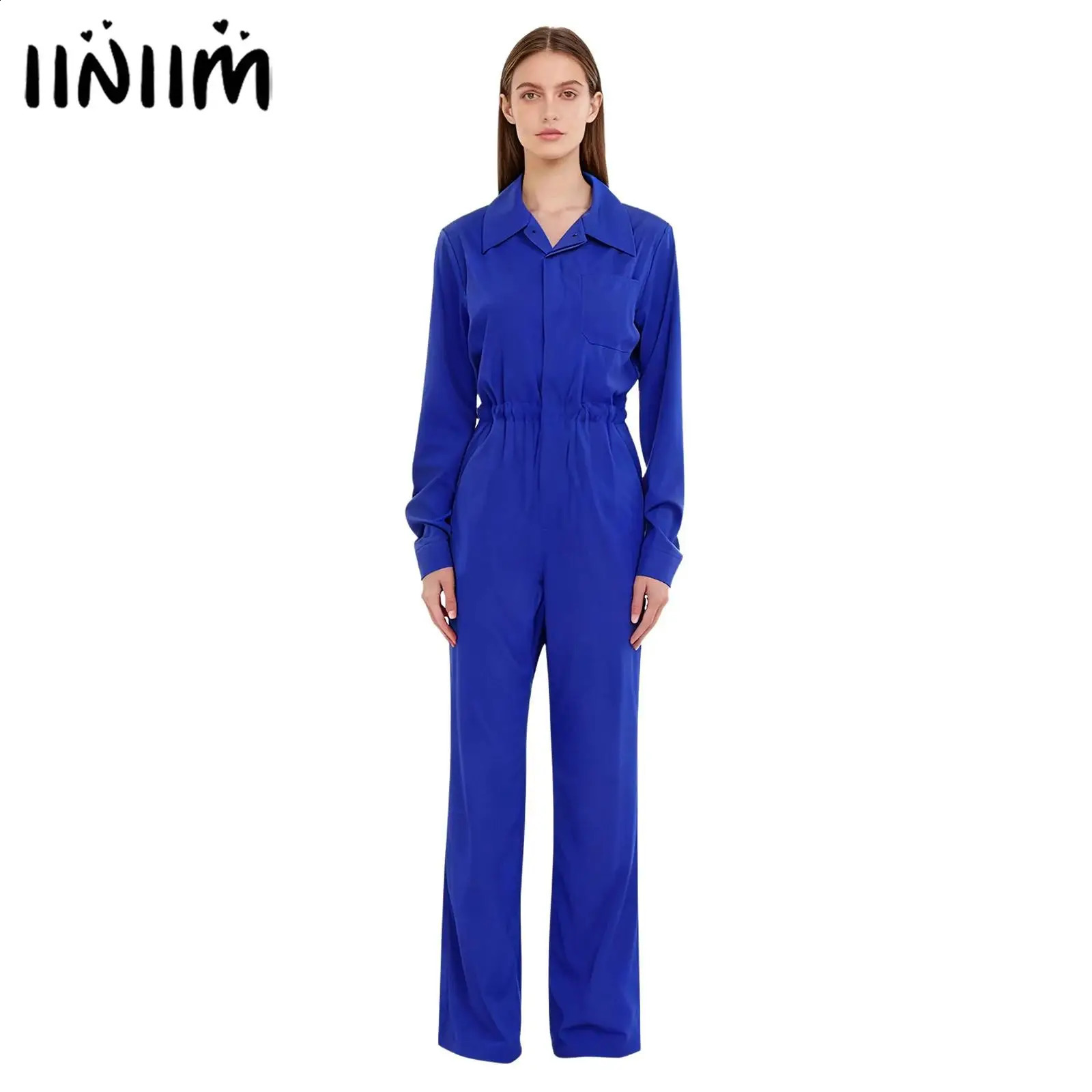 Womens Button Work Coverall Rompers Casual Solid Color TurnDown Collar Flap Long Sleeve Mechanic Overalls Jumpsuit 260921