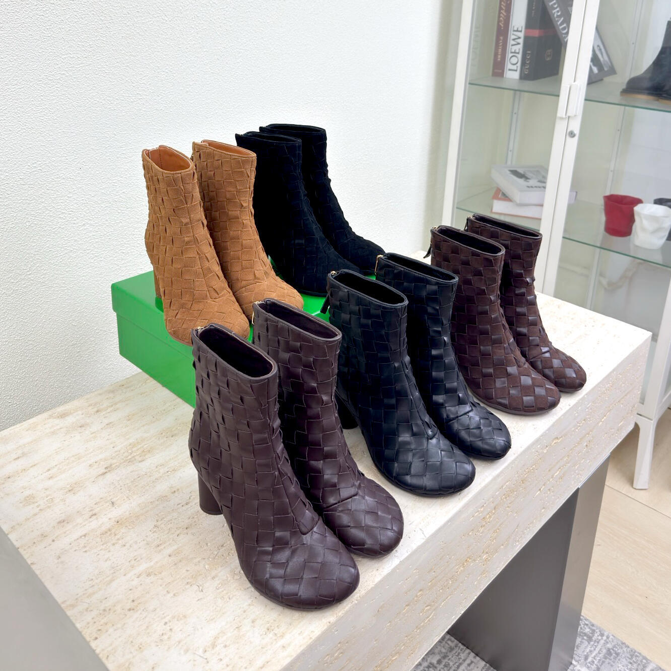 Genuine Leather Woven Flat Heel Retro Mid Calf Boots luxury Designer For Women Round Toe Back Zipper Ladies Winter Fashion Dress shoe Short boots