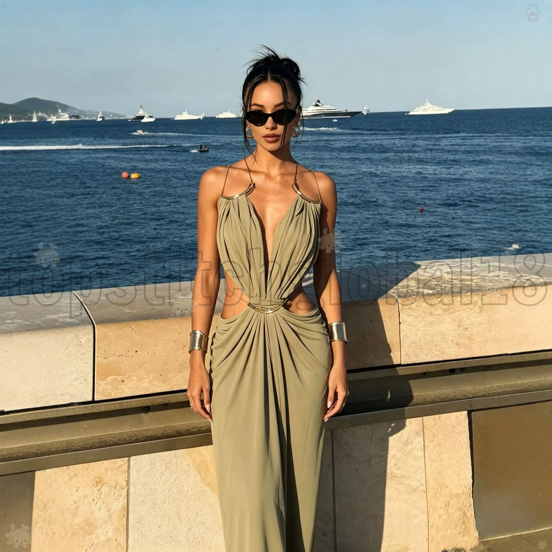 Women Metal Halter Deep V Side Cutout Pleated Slim Fit Long Beach Dress New Popular European Style Sexy Holiday Skirt df fb
