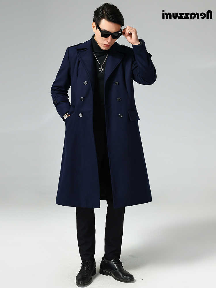 Autumn Men's Nerazzurri Wool Blends Winter Long Elegant Chic Navy Blue Warm Woolen Coat for Men Double Breasted Wool blends Overcoat 2023 D2609
