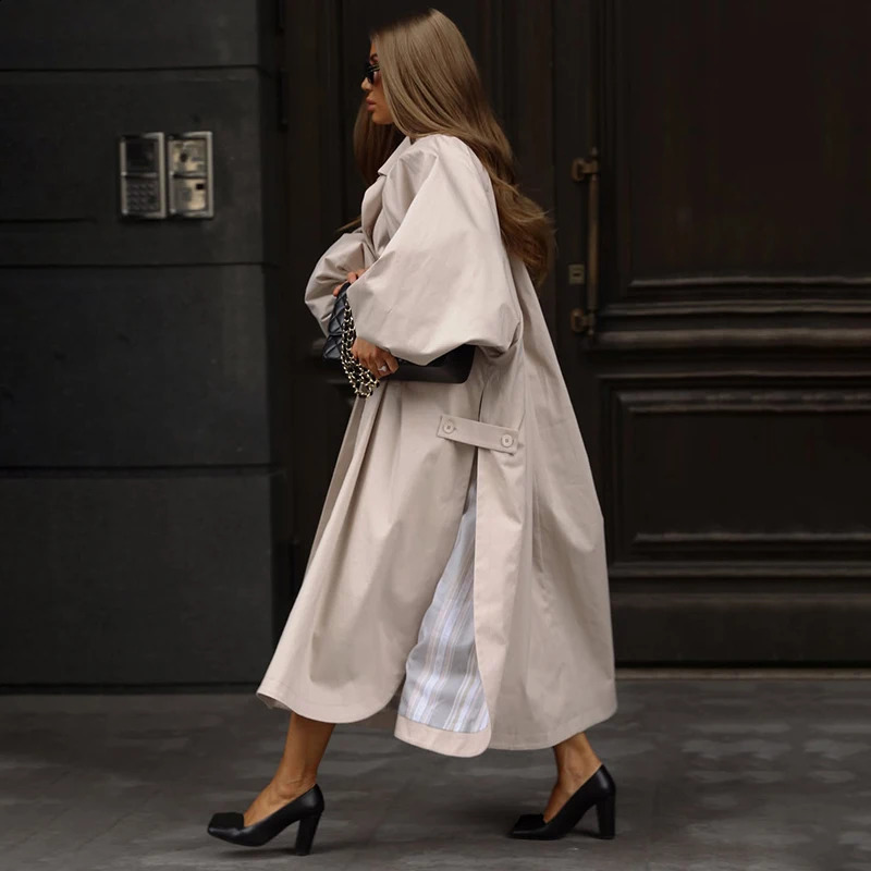 Oversized Solid Wome's Long Trench Coat Puff Sleeve Side Slit Maxi Windbreaker Lapel Single Breasted Lady Autumn Tench Coats 260920
