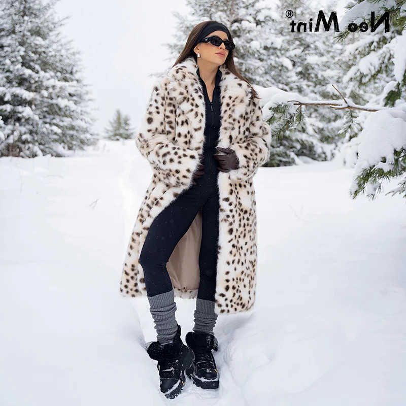 Leopard Long Belted Faux Fur Coat Women Winter 2024 and Fashion ob Wife Vibe Fur Jacket Overcoat D260921