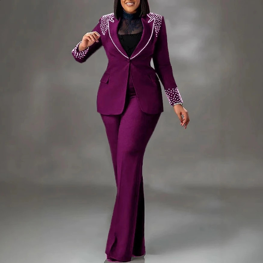2 Pieces Women's Sets Autumn Winter Long Sleeve Pearl Blazers Suit Tops And Pants Suits Two Piece Set Tracksuit Outfit 260920