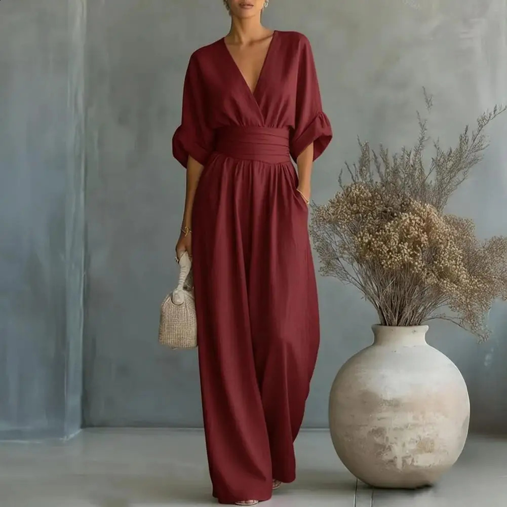 Womens One Piece Jumpsuits Casual VNeck Short Sleeve Wide Leg Rompers Summer High Waist Beach Vacation Outfits with Pockets 260921