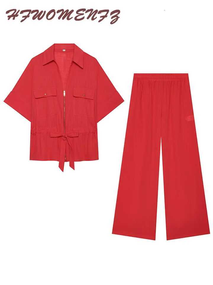 Solid Casual Women's Top Jackets Pants Set Women Autumn Short Sleeve Lace Up Tops Long Wide Leg Trousers Female 2026 Chic Lady Suits Streetwear
