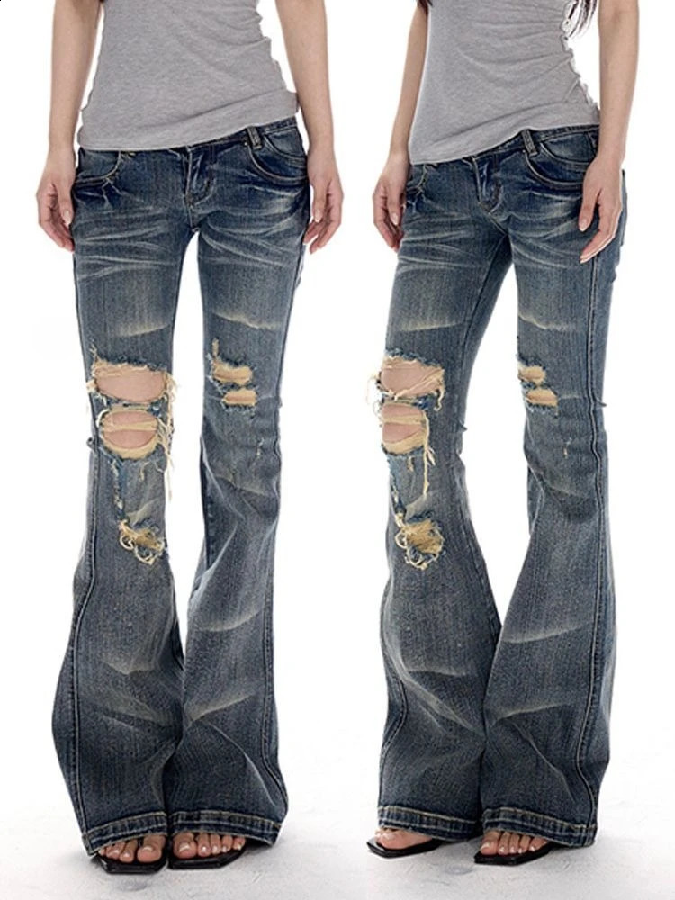 HOUZHOU Y2k Vintage Ripped Jeans Women Spicy Girl High Street Washed Bootcut Jeans Grunge Retro Straight Fashion Denim Trousers 260921