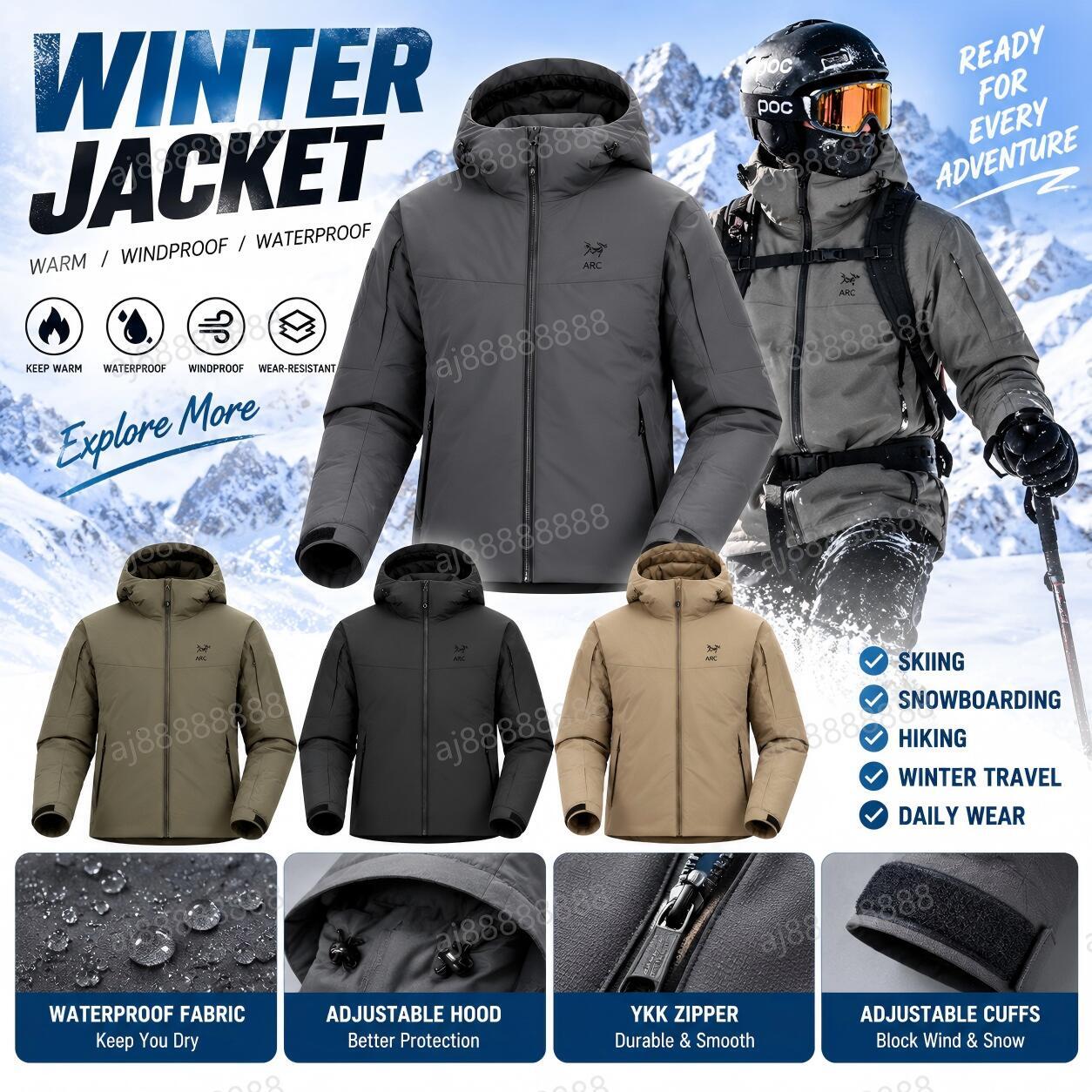 Arcteryxilly Men Winter Ski Jacket Waterproof Windproof Hooded Padded Snow Jacket Insulated Warm Coat for Skiing Snowboard Outdoor Sports