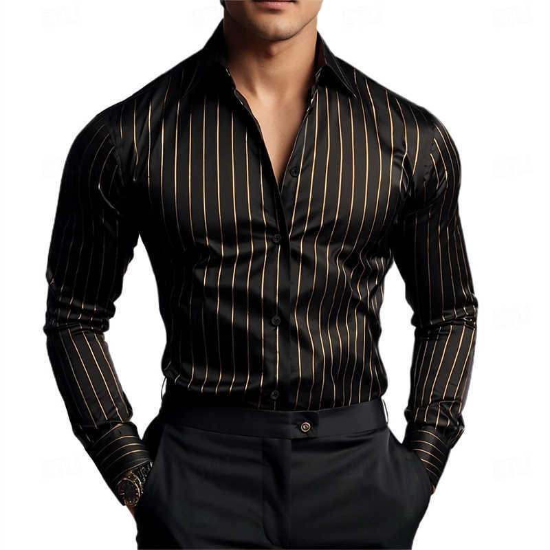 Striped Men's Casual Shirts Men's Long-Sleeved Shirt Business Casual Versatile with Lapel Collar and Button Design Available in 19 Colors.