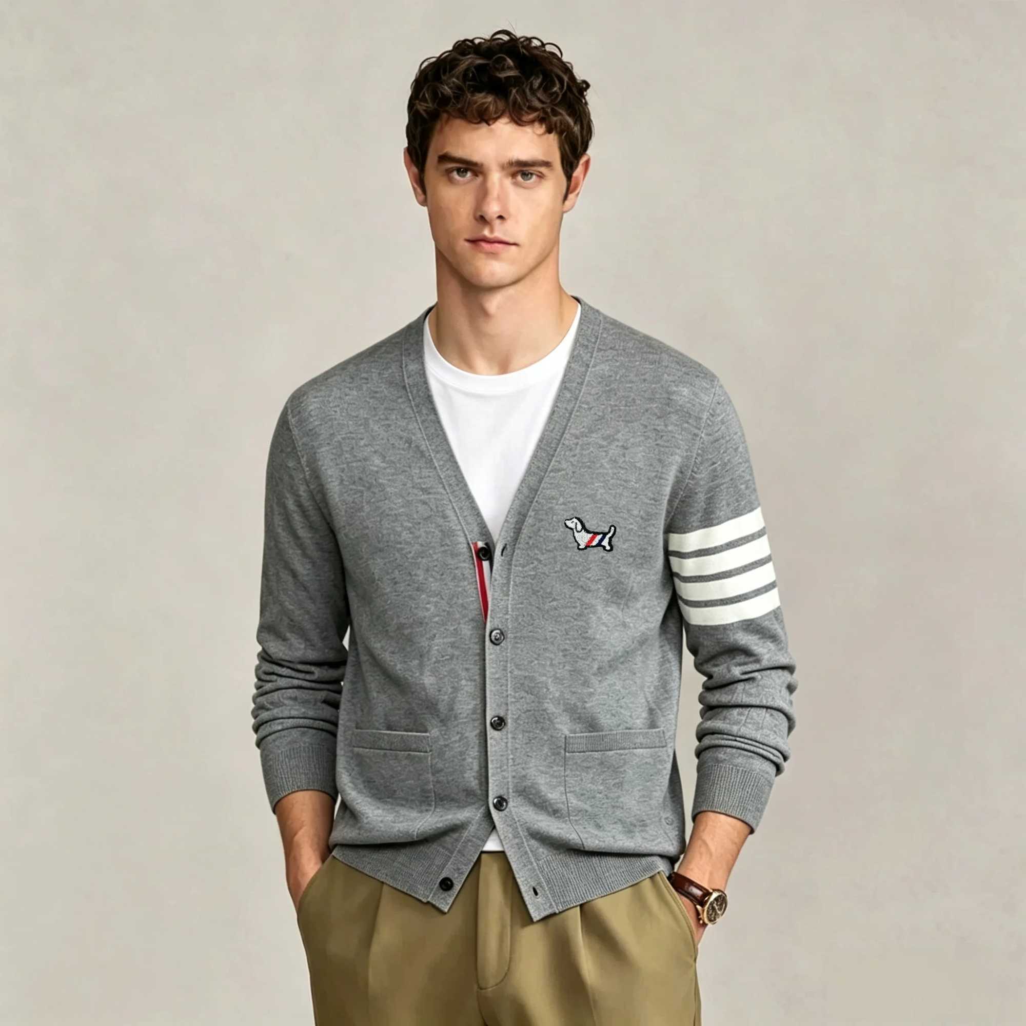 High end Brand knitted cardigan men's autumn trend striped designer puppy embossed Korean casual side split V-neck sweater coat Q260921