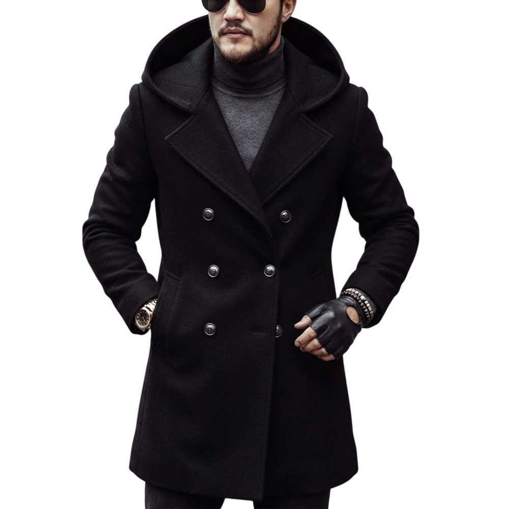Autumn Blends Men's Winter Wool Men Double Breasted Hooded Woolen Coat MidLength Slim Fit Solid Business Casual Male Overcoat Outerwear D260921