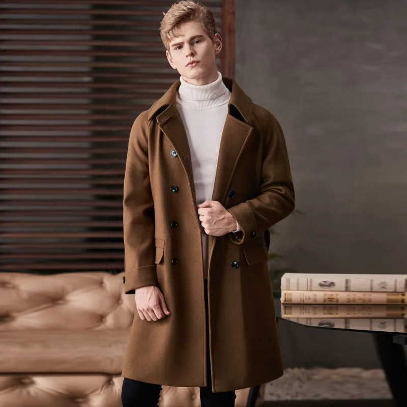 Minglu Blends Men's Medium Wool Length Wool Male Coats Solid Color Business And Casual Mens Coats Winter Fashion Man Trench Plus Size 6xl D2609