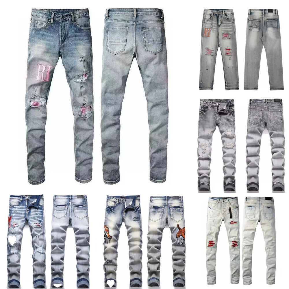 5A Men's Designer Jeans Embroidery Hip Hop High Street Joker Denim Pants Broken Hole Patch Elastic Slim Feet Pencil Casual Straight Long Trouse