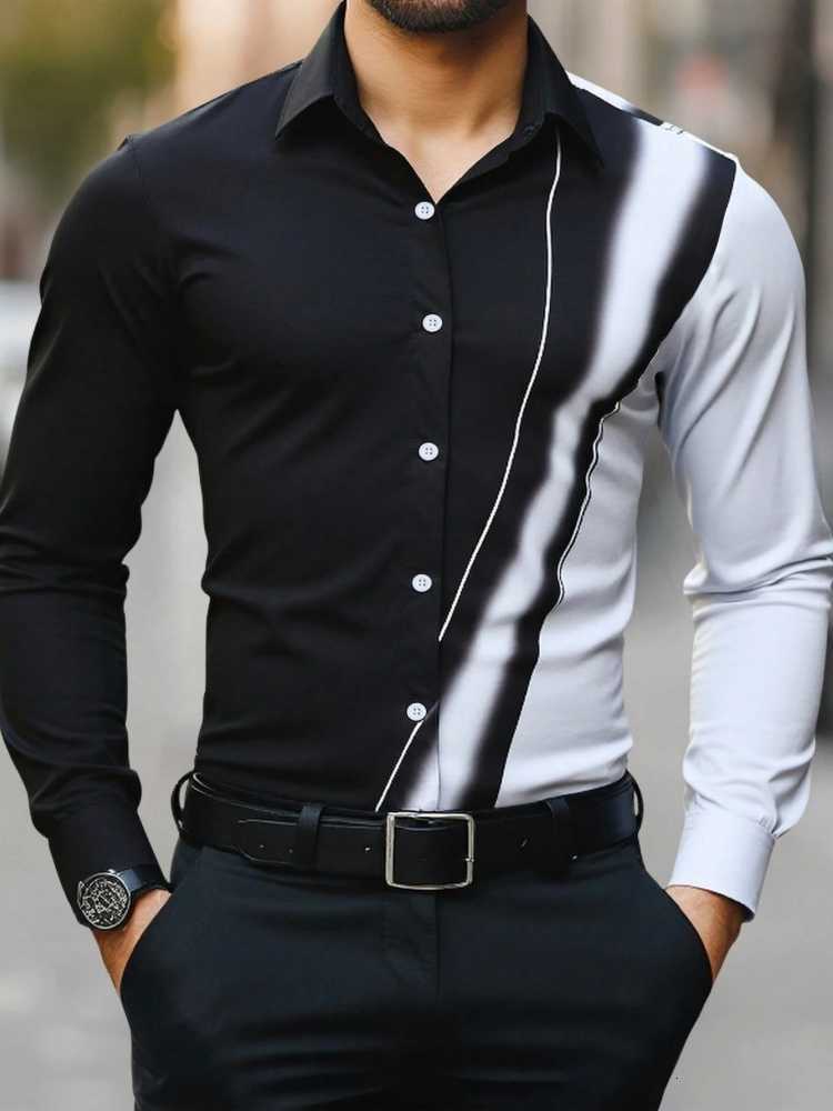 Casual Shirts European and Men's American Asymmetrical Gradient Men's Long Sleeved Shirt Versatile Shirt Daily Light Business Casual Print