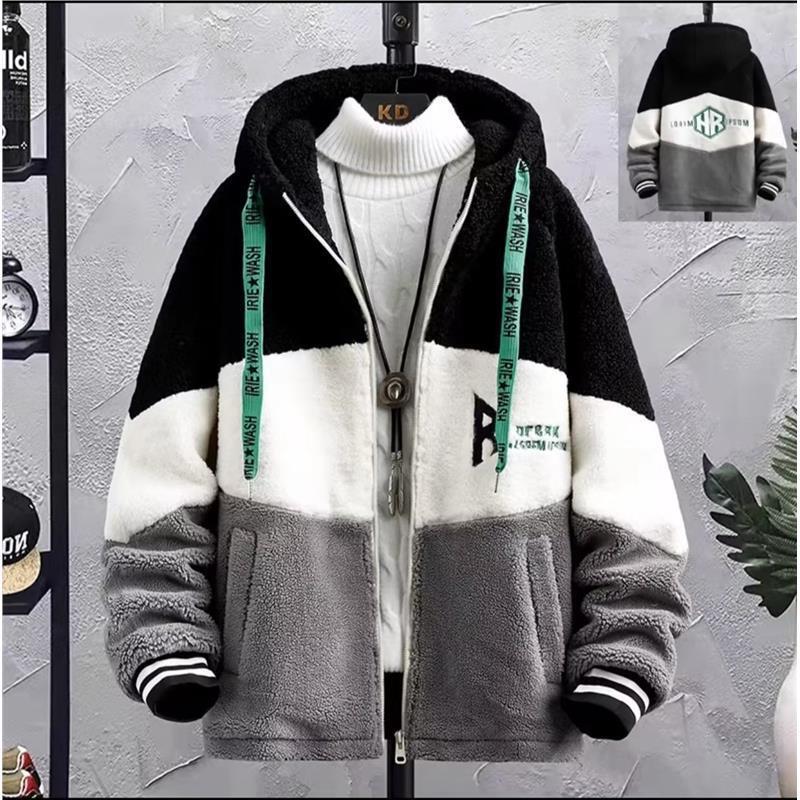Lamb wool plush for men, trendy loose fit, plus-size men's clothing, autumn and winter fleece-lined thickened fleece hooded jacket