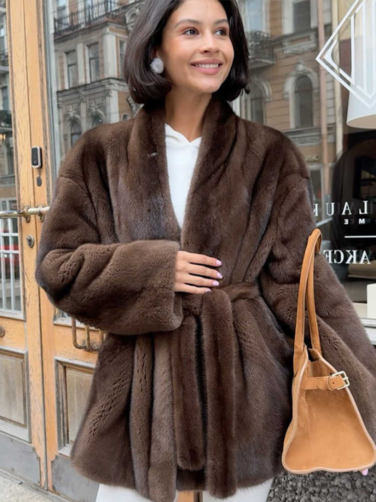 Lace Elegant Up Women Faux Fur Coat Fashion V-neck Long Sve Loose Plush Jacket Winter Lady War Daily Coute Outwear D260921