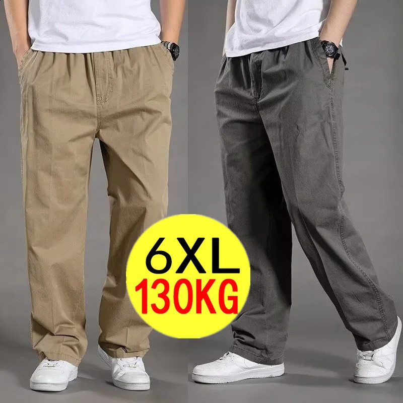 Plus Size Men's Cargo Pants Elastic Waistband Straight Leg Casual Pants Big Size Solid Color Multi Pocket Cotton Trousers XL-6XL 260918