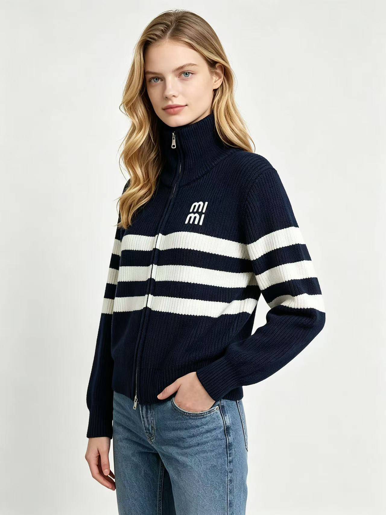 Women's sweaterwinter letter embroidery half-neck zipper knitted cardigan, women's color-block striped sweater coat