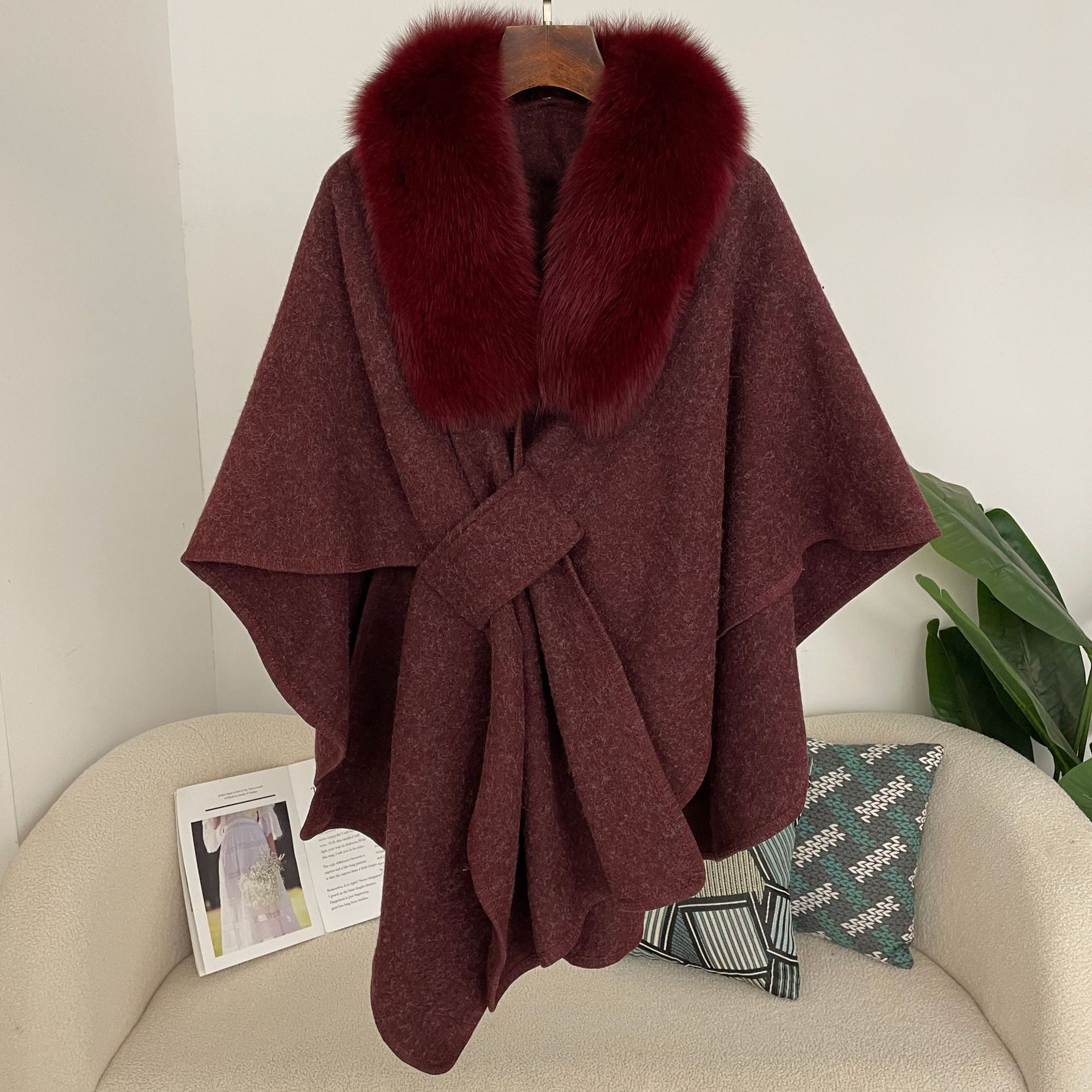 Autumn Winter New Genuine Fox Fur Collar Cape Shawl Loose Knitted Cardigan Plus Size Woolen Coat Women