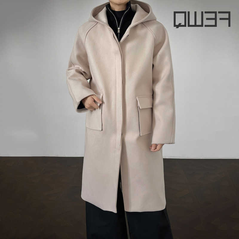 FEWQ Blends Men's Korean Wool Style Men's Woolen Overcoats Hooded Solid Color Thickened Single Breasted Lager Pockets Male Coats Autumn 24