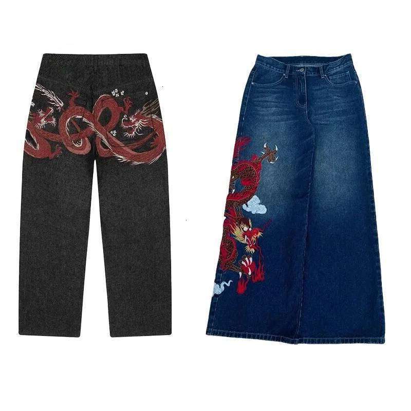 Men Jeans Y2k Retro Washed Chinese Style Art Red Dragon Embroidery Loose Casual Wide Leg Jeans trousers Men Women Fashion Trend Streetwear Denim Pan