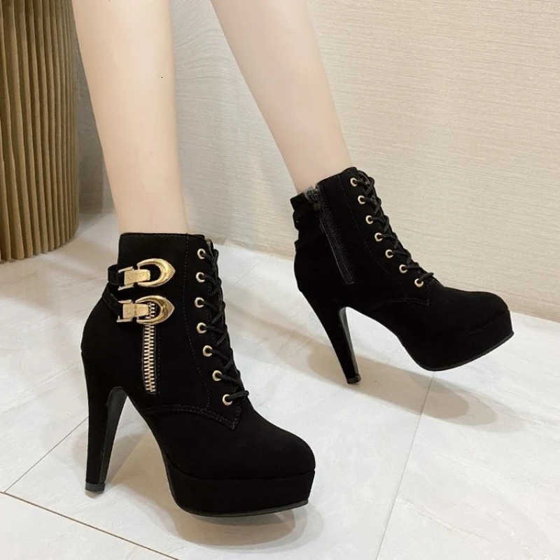 Botas de tobillo para mujer Botas de tacón grueso Mujer Decoración de metal Tacones altos Botines 2025 Botas cortas con plataforma con cordones de o