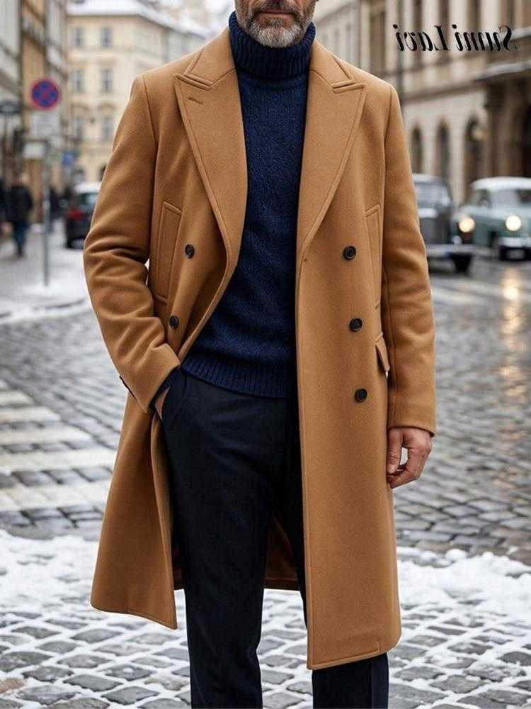 Trendy Men's Wool Double-breasted Blends Maxi Jackets Men 2026 Winter Outdoor Coats Men Vintage Turn-down Collar Solid Color Overcoats D260921